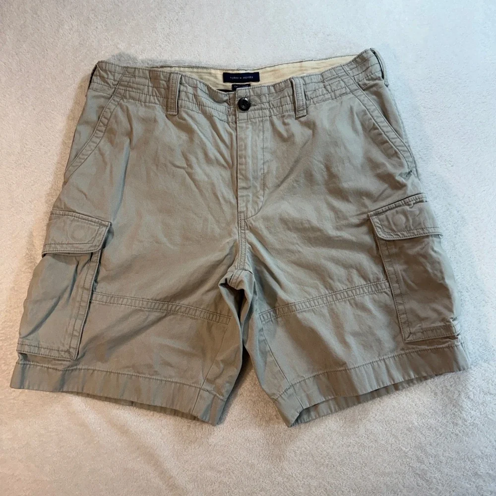 Tommy Hilfiger Mens Tan Khaki Cotton Twill Cargo Shorts Size 36 Utility Casual